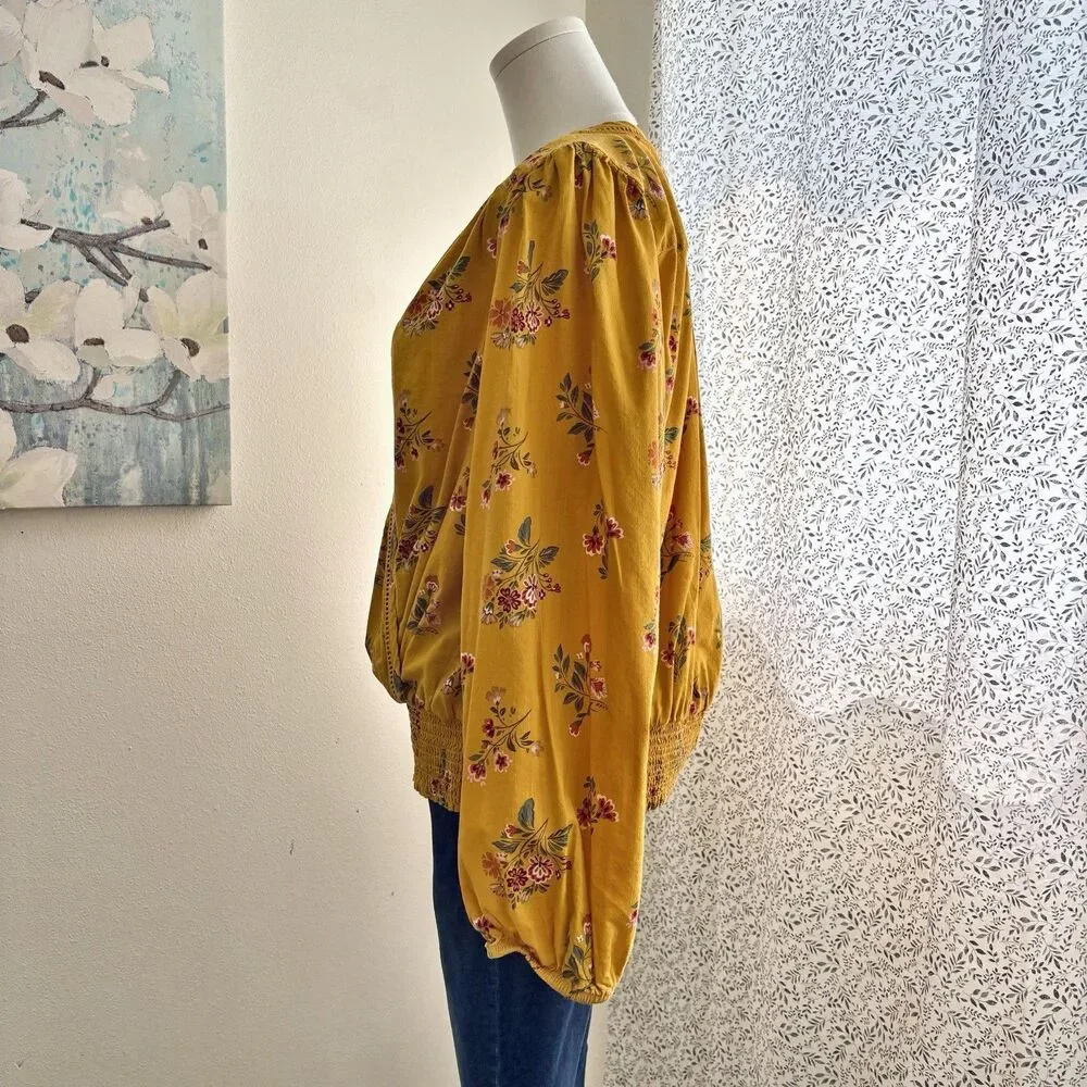 St Johns Bay Womens L Mustard Floral Blouse Surplice Smocked Hem Long Sleeve